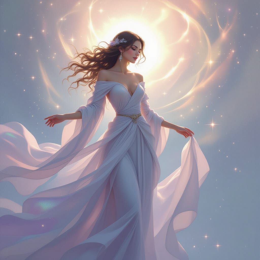 Celestial Woman in Iridescent Garments, Ethereal Light