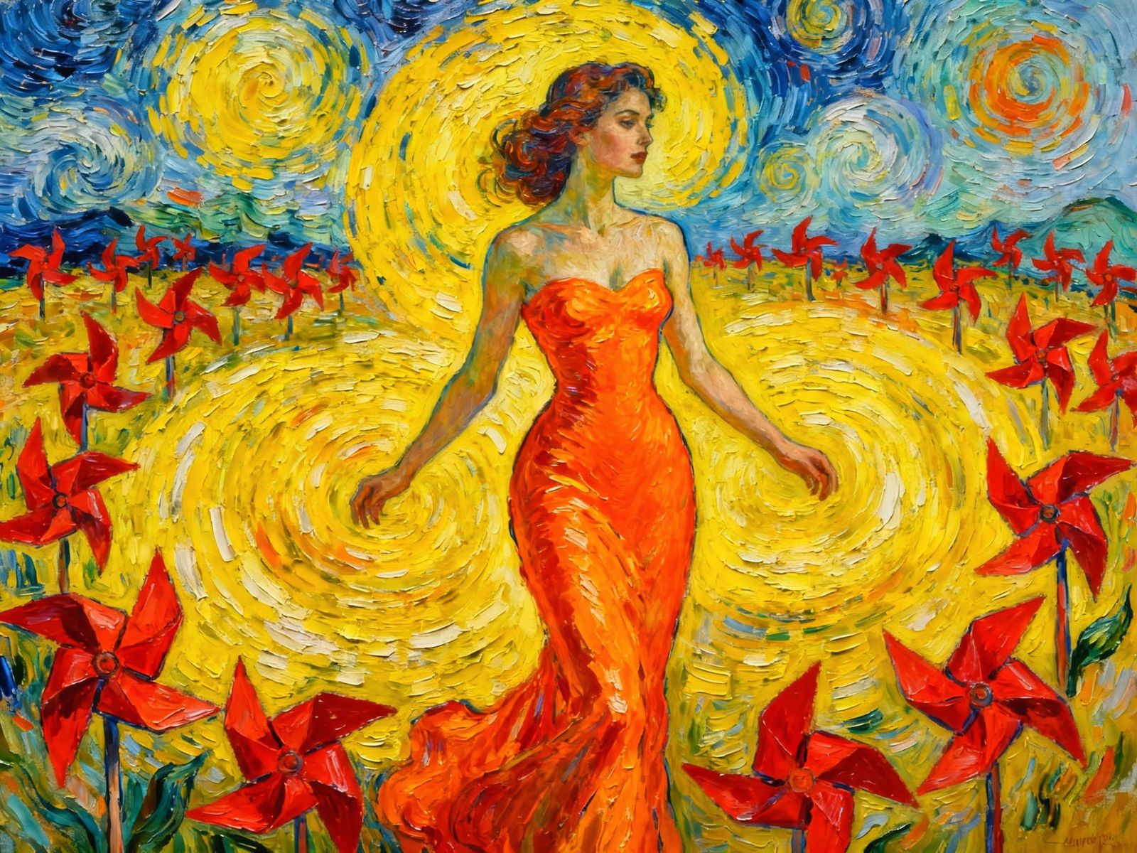 Woman in Orange Gown Amidst Red Windmills and Yellow Vortex ...