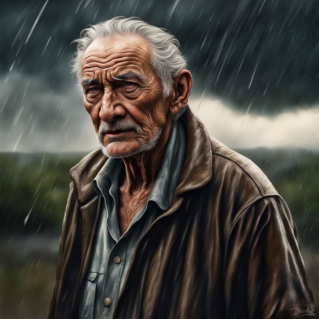 Old Man Stands Tall in Storm, Fantasy Concept Art