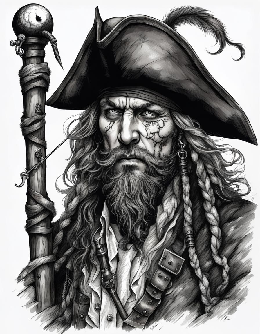 Detailed Ink Portrait of a One-Eyed Pirate