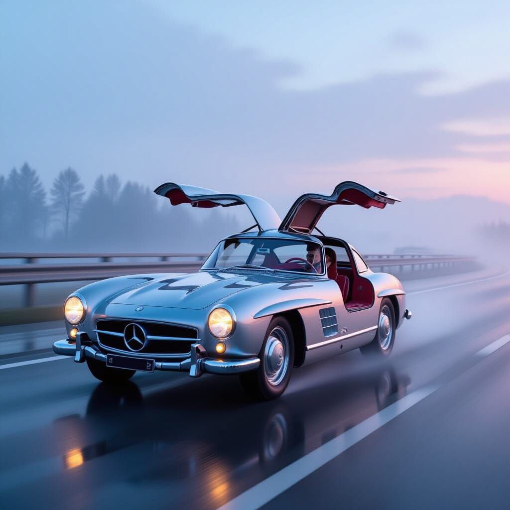 Mercedes-Benz 300 SL Gullwing on Autobahn at Dawn