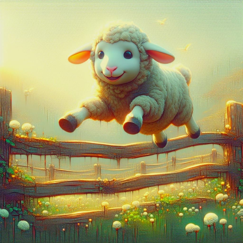 Adorable Sheep Leaps Over Fence in Concept Art Style