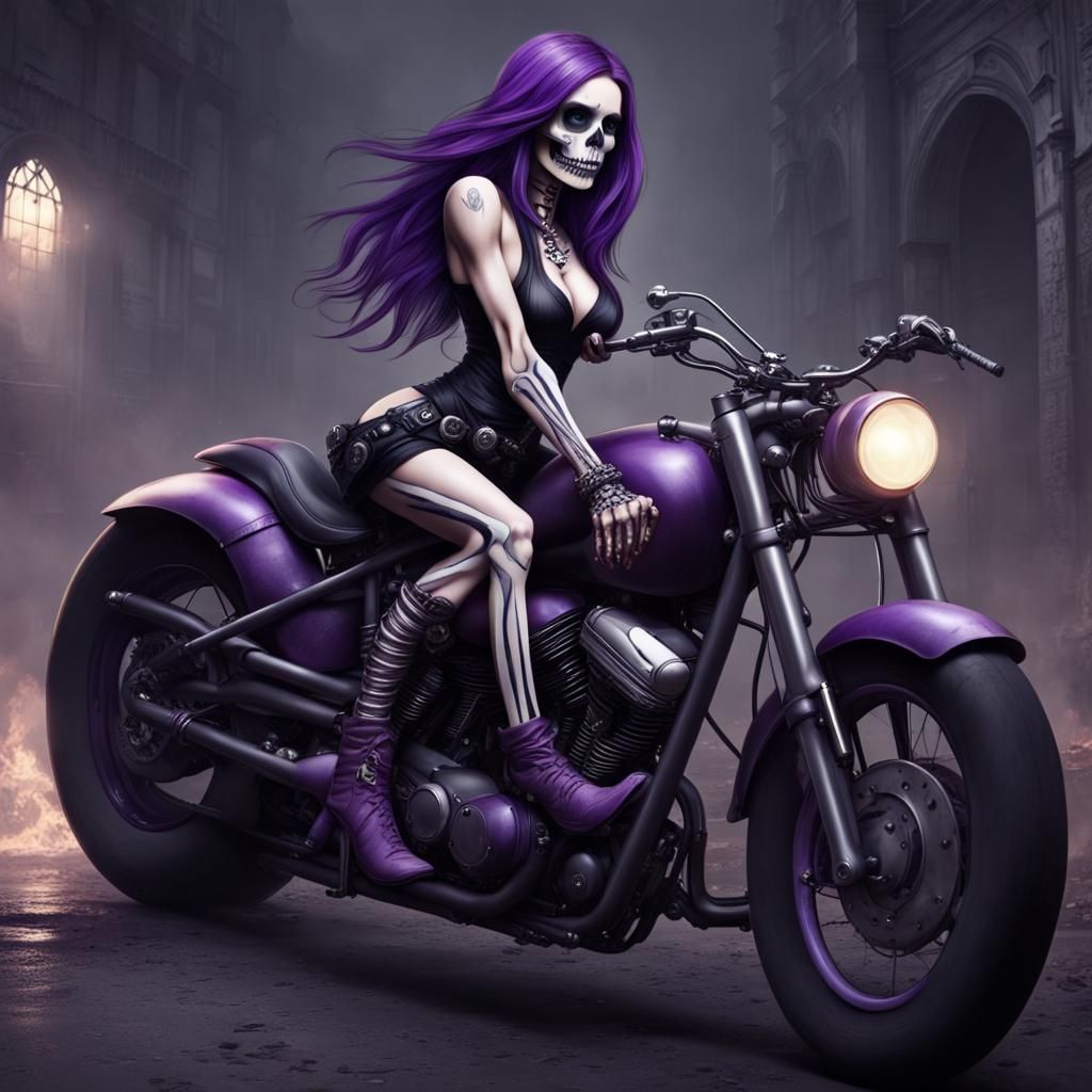 Gothic Horror Skeleton Woman on Motorcycle