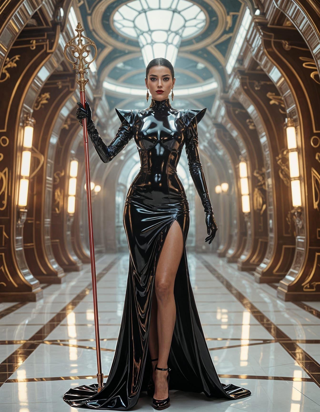 Latex Figure Waving Scepter in Art-Deco Hall