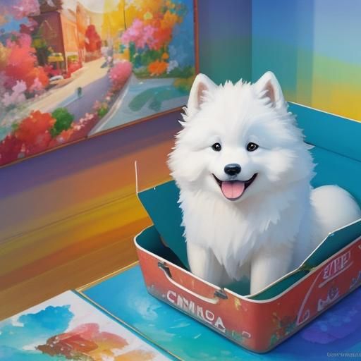 Adorable Samoyed in Takeaway Box: 3D Gouache Art