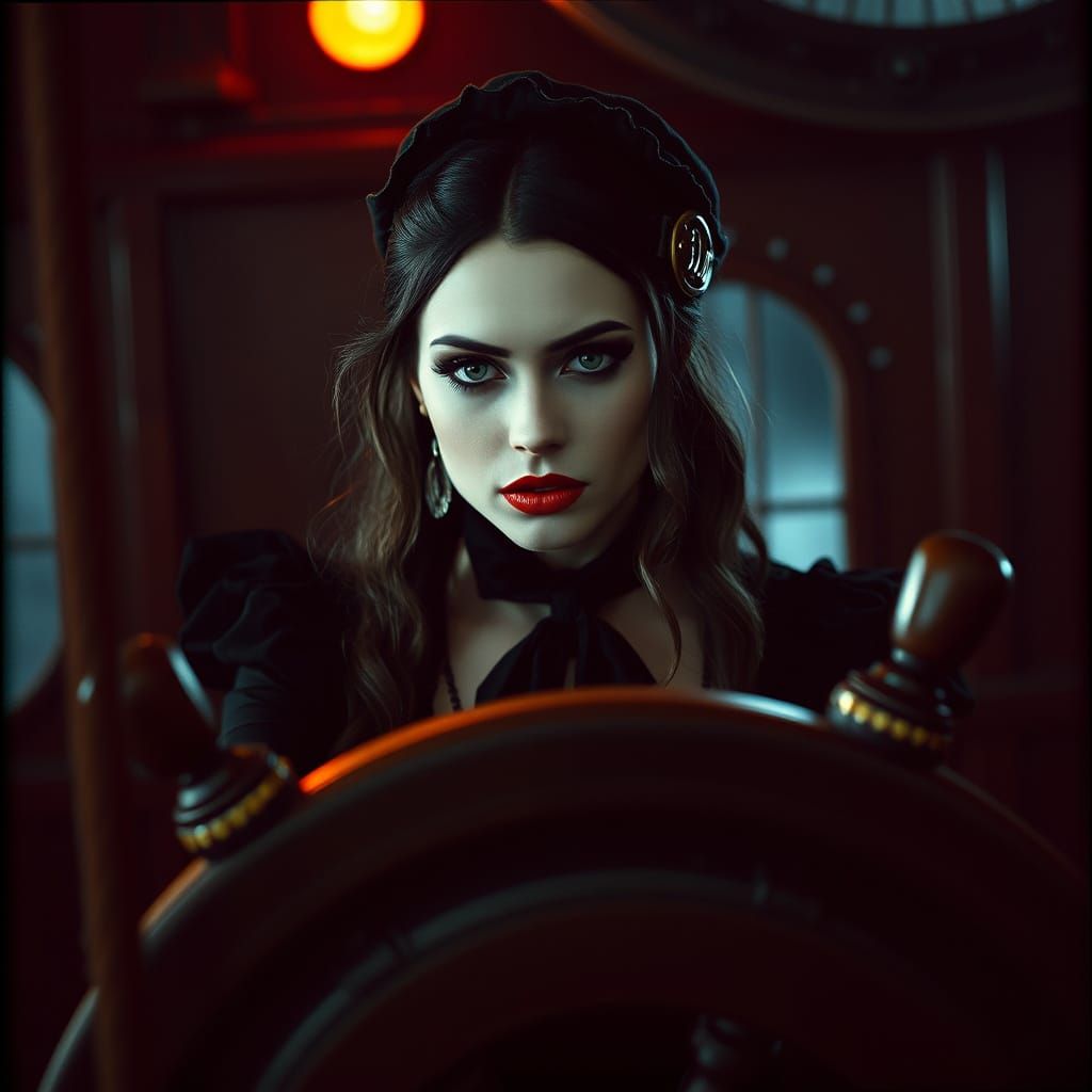 Gothic Woman at the Helm in a Tim Burton-Inspired Masterpiec...