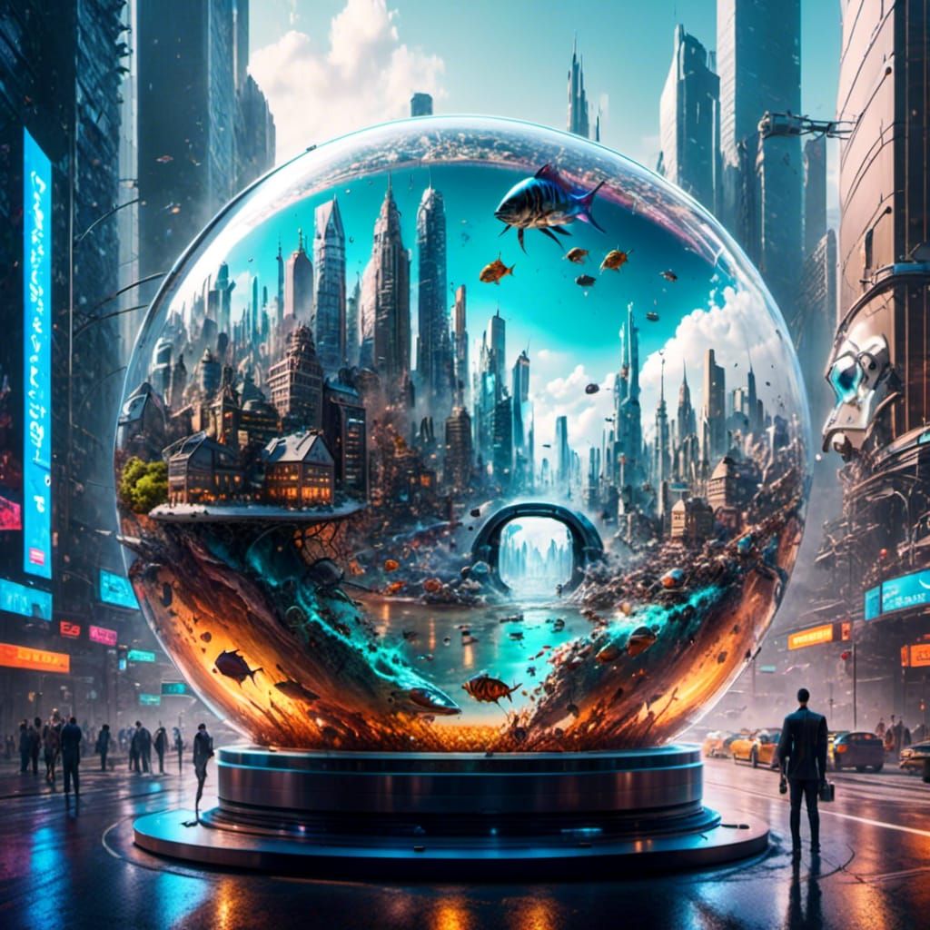 Cybernetic Human with City in Fishbowl Head
