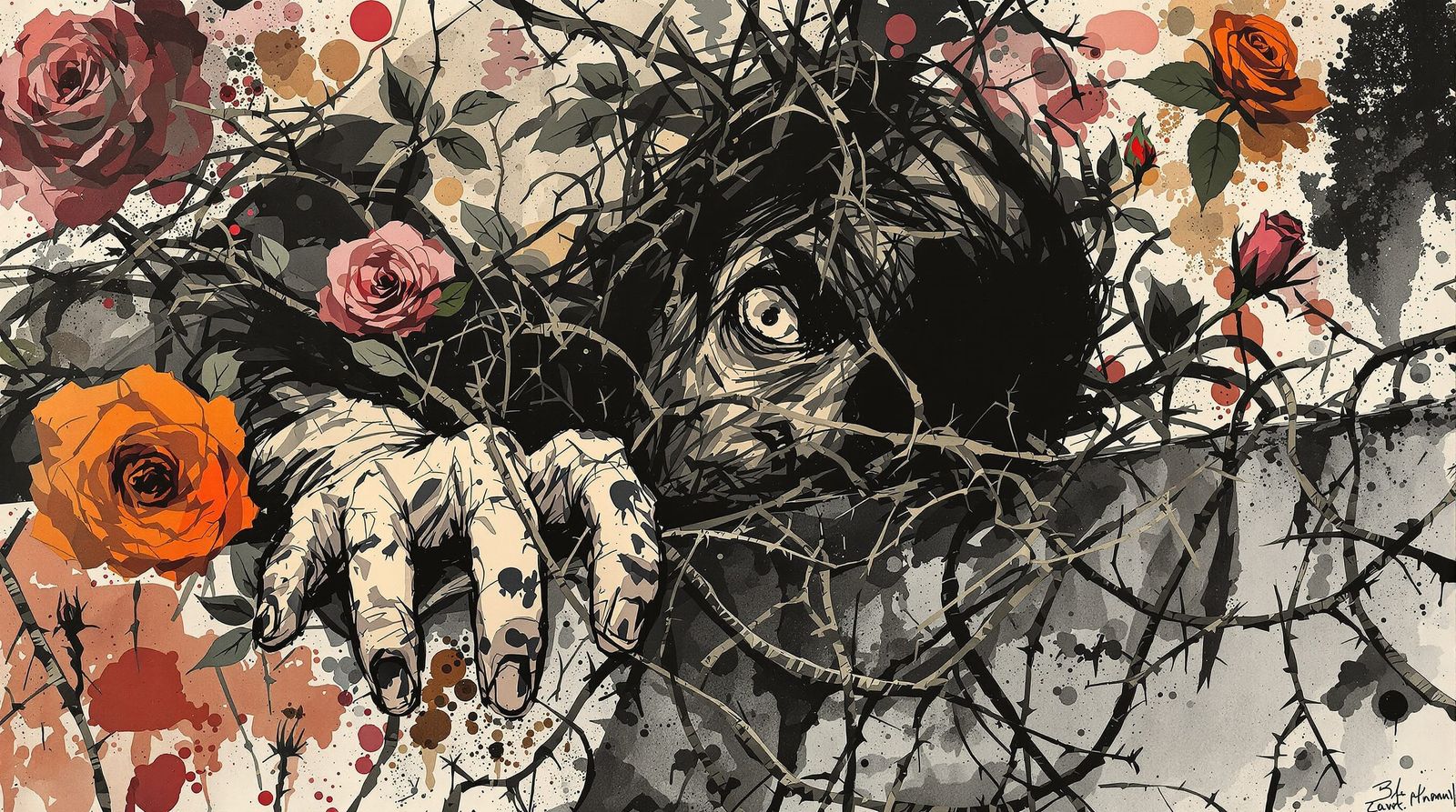 Figure Clinging to Edge Amidst Thorns, Expressive Brushstrok...