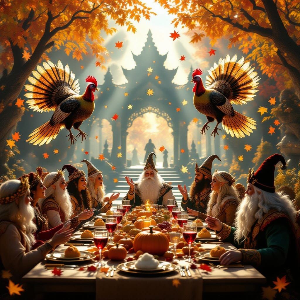 Divine Thanksgiving Feast with Mythical Beings