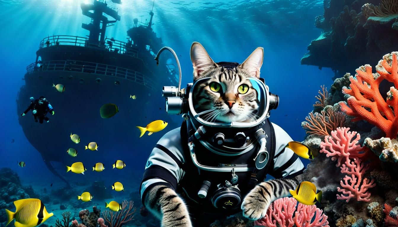 Tabby Cat in Diving Suit Underwater