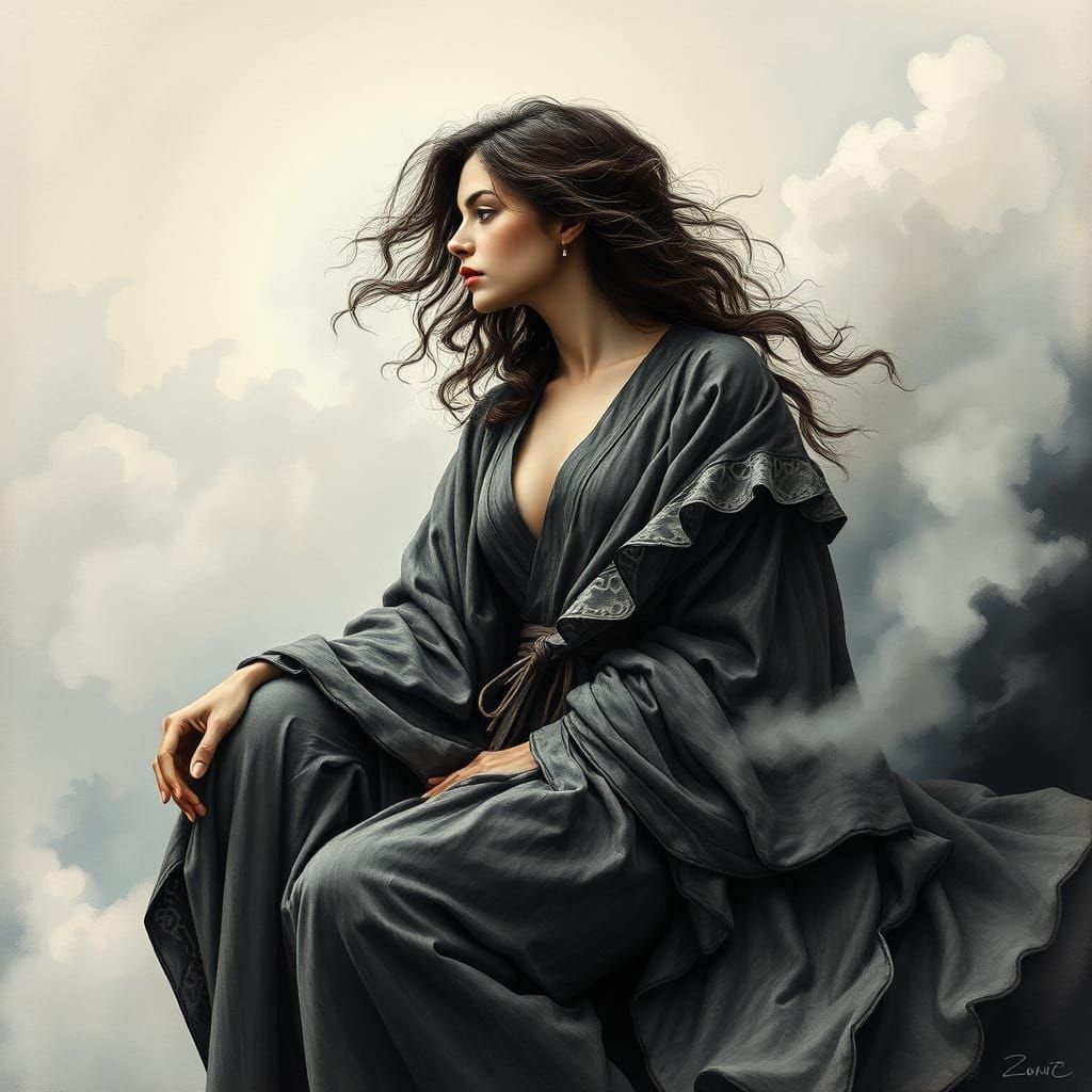 Ethereal Fantasy Goddess in Charcoal Drawing Style with Goua...