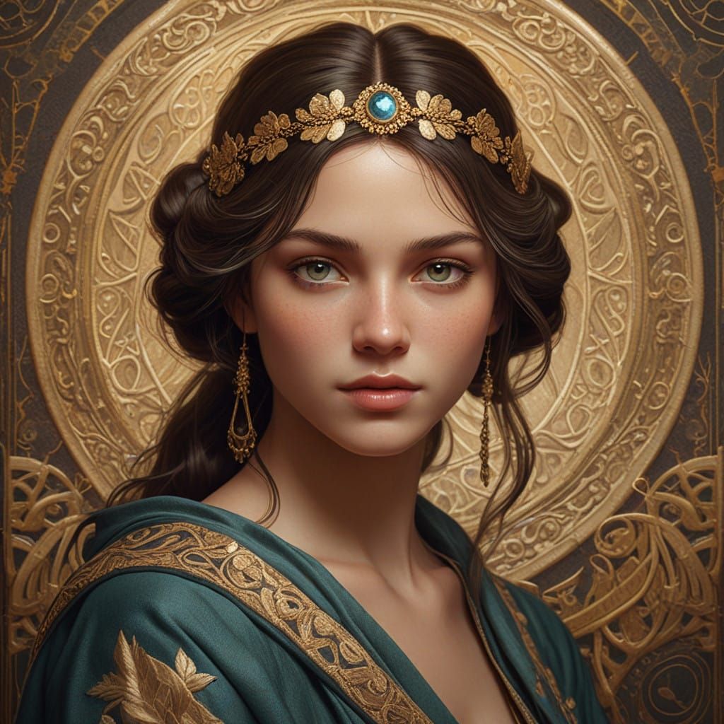 Young Girl with Ancient Aura in Art Nouveau Style