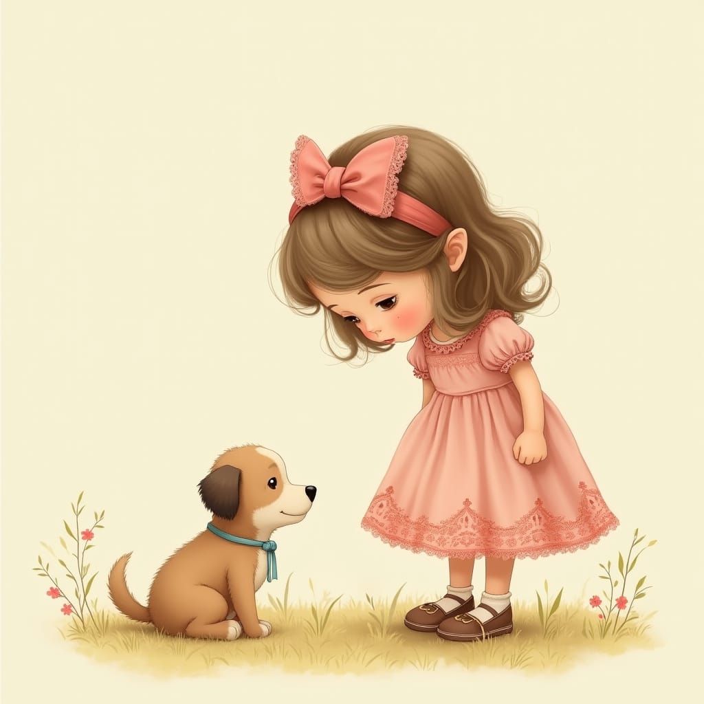 Girl in Lace Dress Cuddles Puppy in Storybook Style