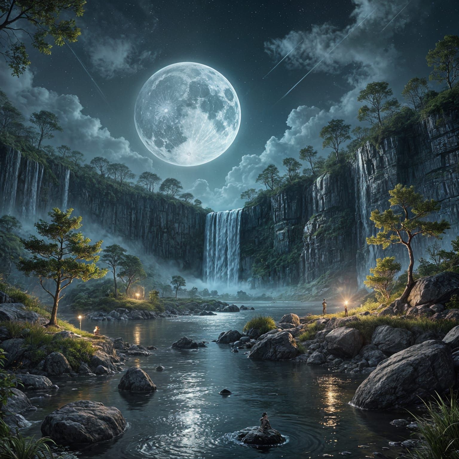 Surreal Lunar Waterfall Scene in Hyper-Detailed HDR