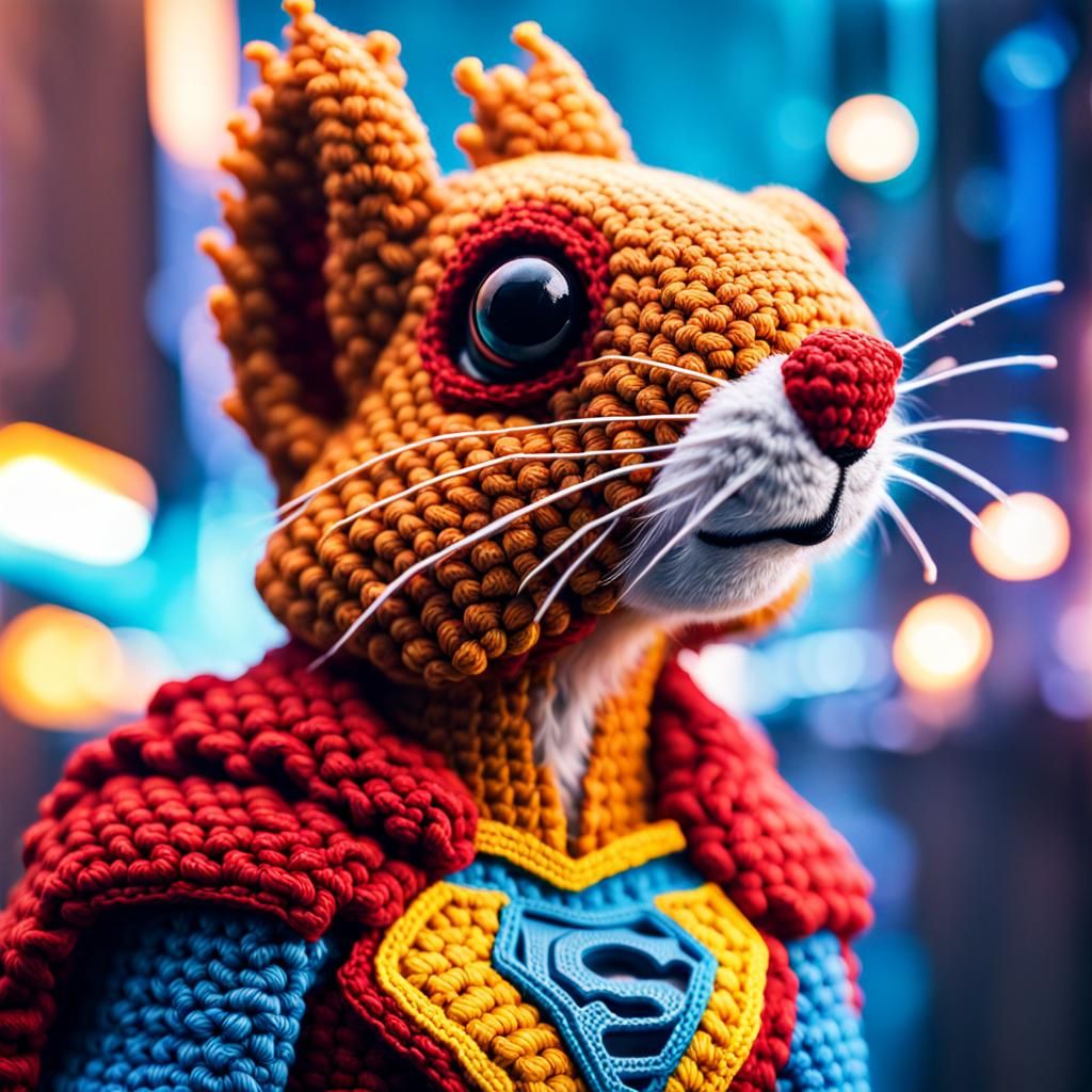 Superhero Crochet Squirrel in Sci-Fi City