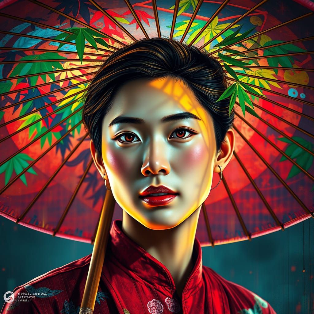 Vibrant Chinese Umbrella Portrait in Triadic Hues