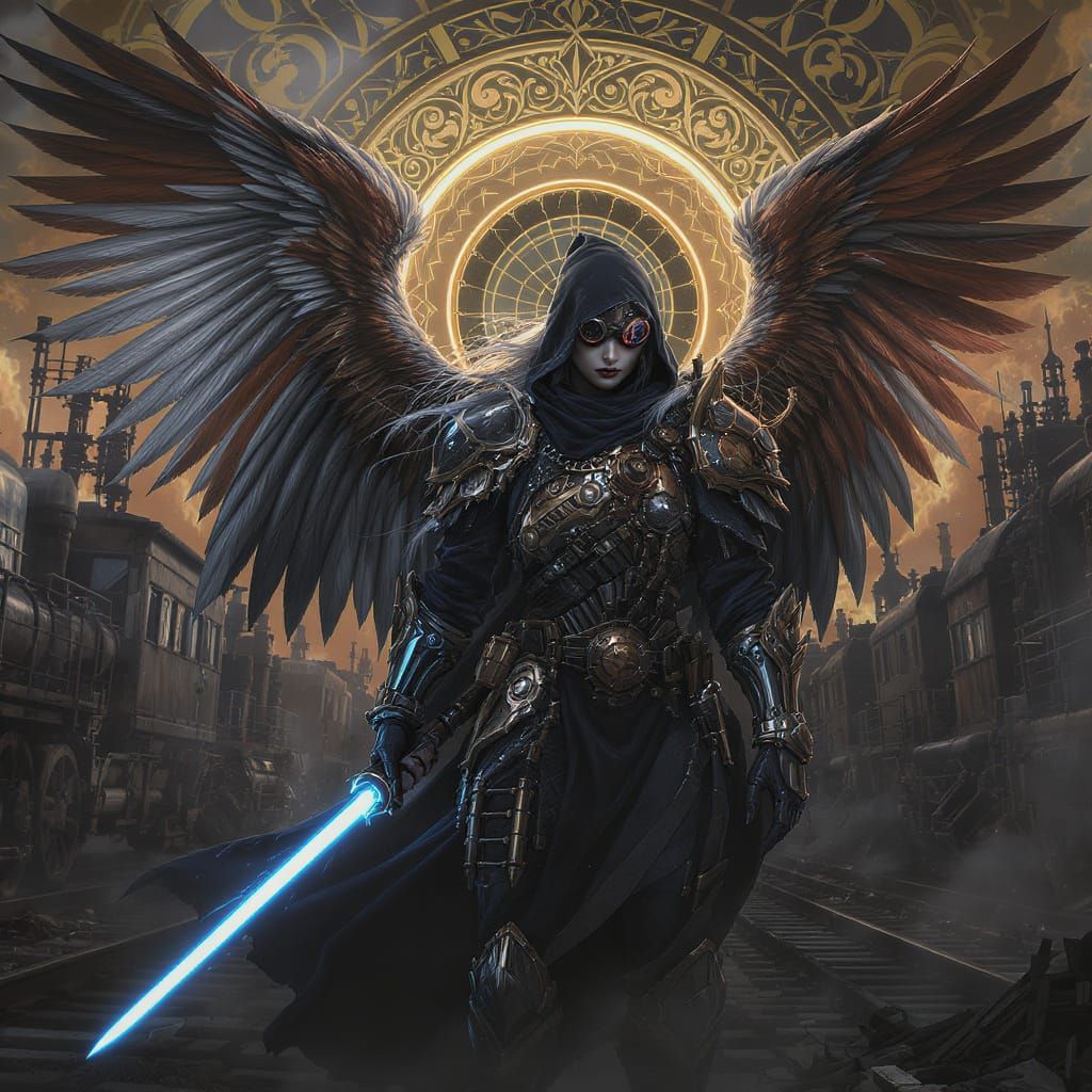 Steampunk Angel in Train Yard with Lightsaber