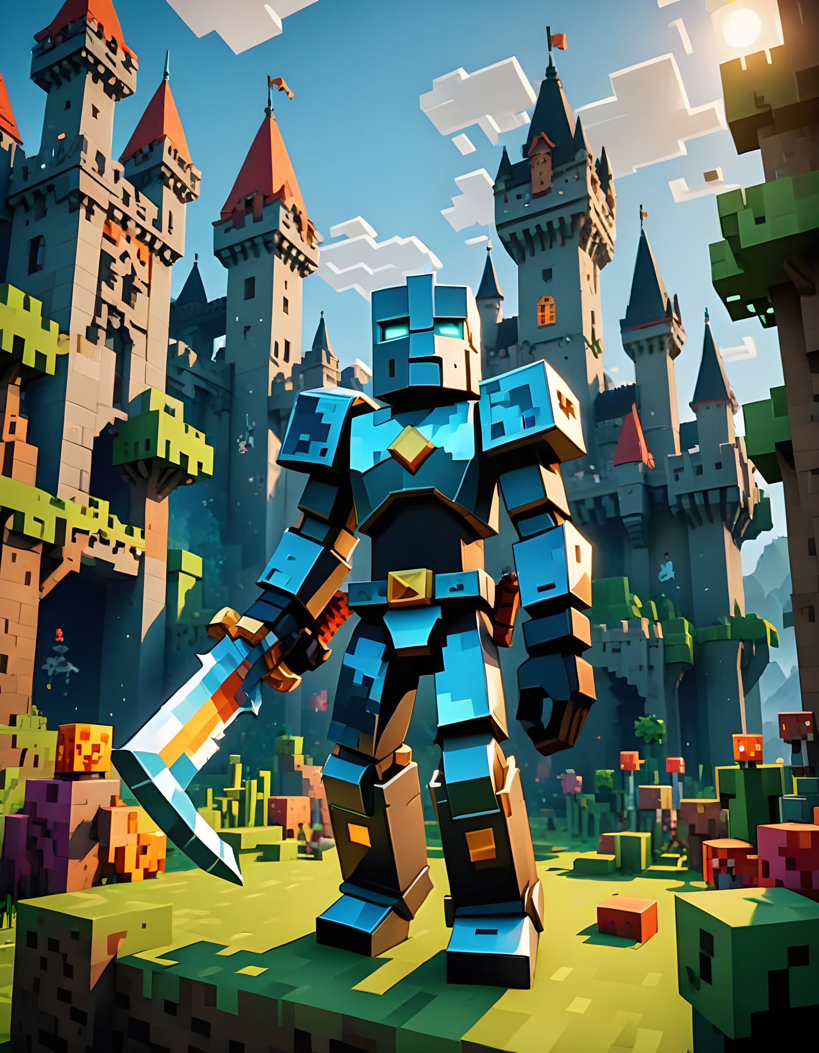 Minecraft Castle with Knight in Epic Low Angle