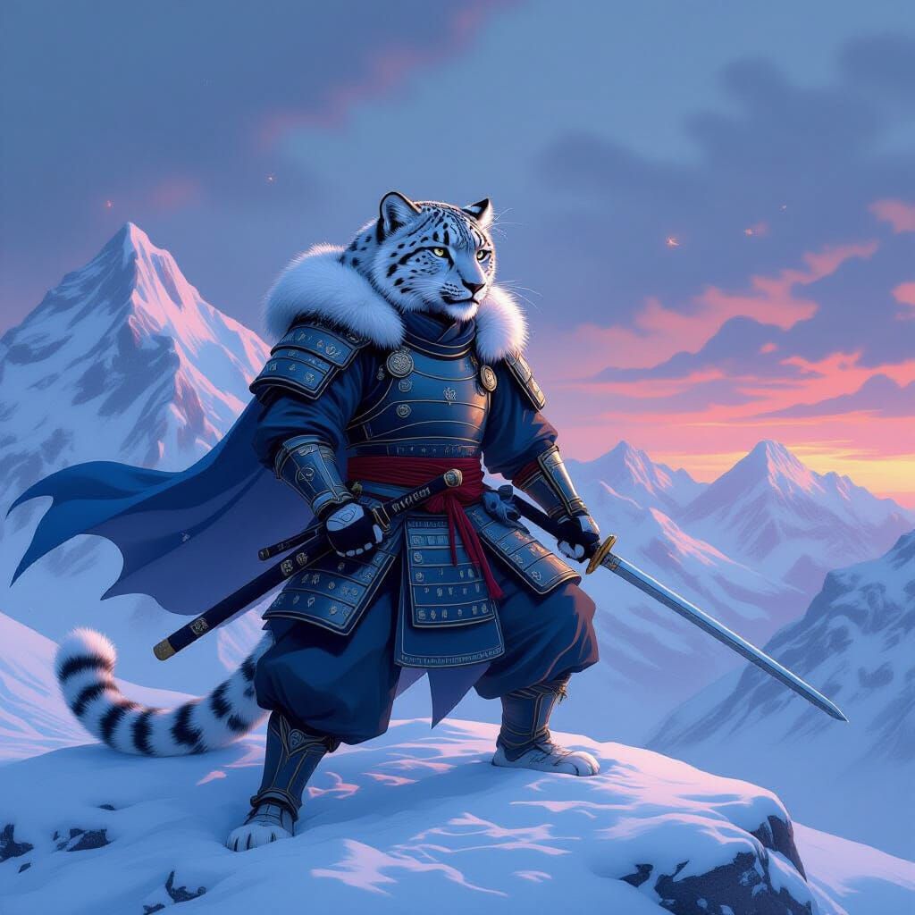 Snow Leopard Samurai Ready for Battle at Dusk