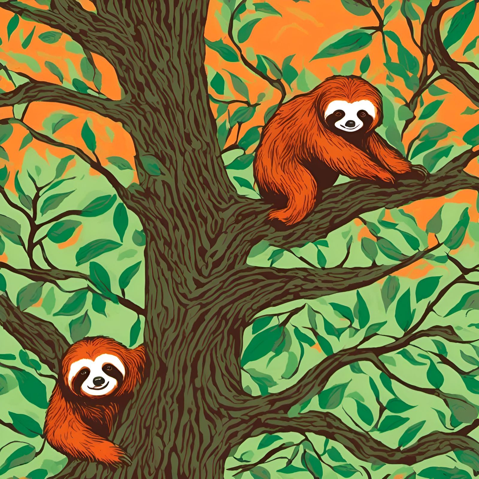 Sloth in Tree: A Colorful Digital Illustration