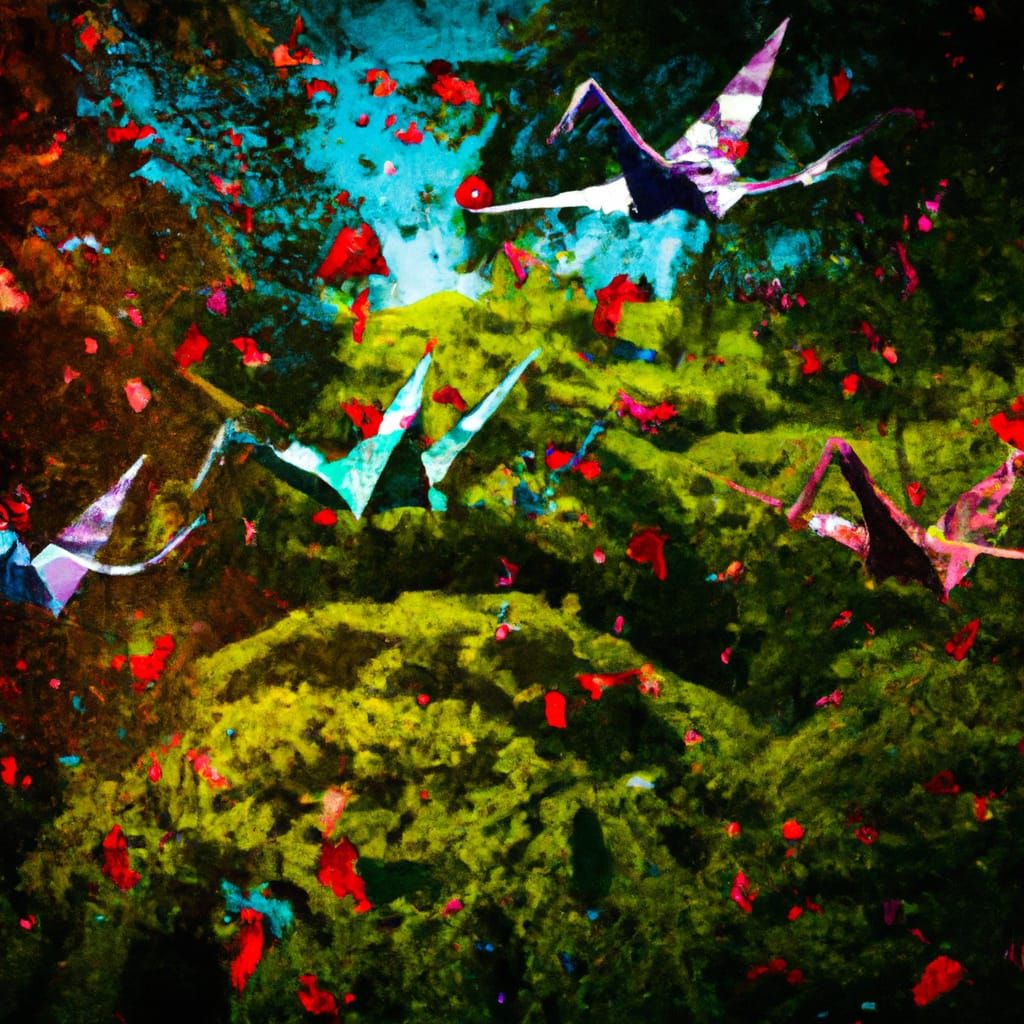 Hyperrealistic Origami Cranes Fly Over Japanese Garden