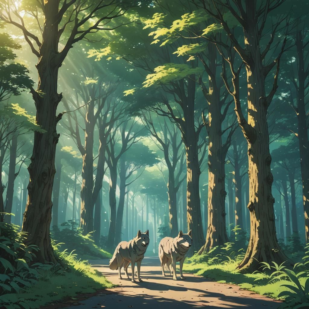 Ethereal Wolves in Forest, Ghibli-Inspired Anime