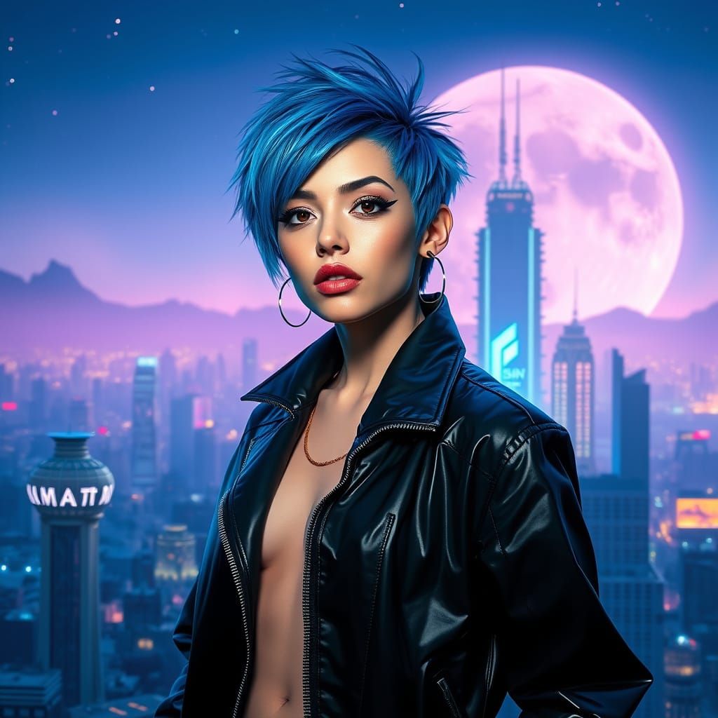 Trans Woman in Cyberpunk Lunar Cityscape