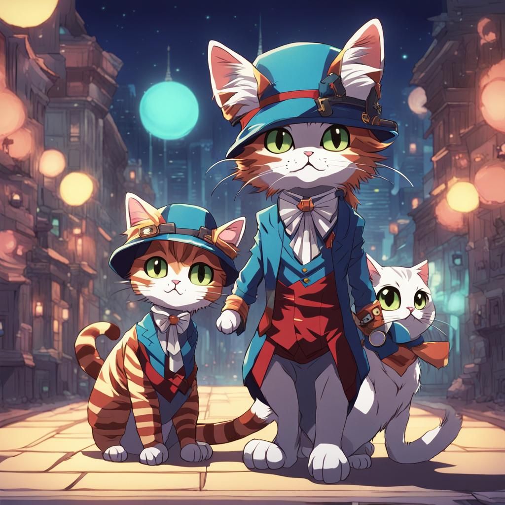 Cat and Owners Dressed as Axolotls, Anime Style