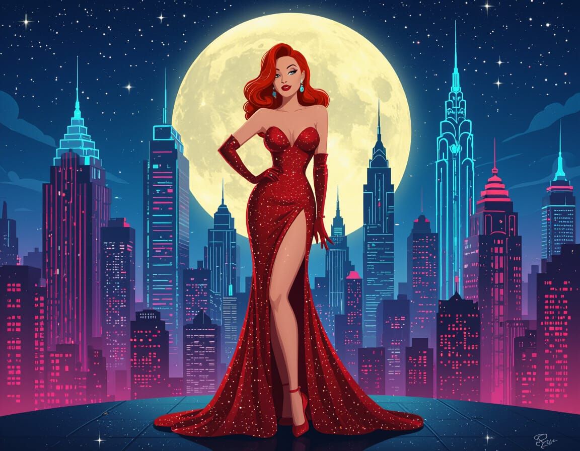 Jessica Rabbit in a Dazzling Art Deco Cityscape