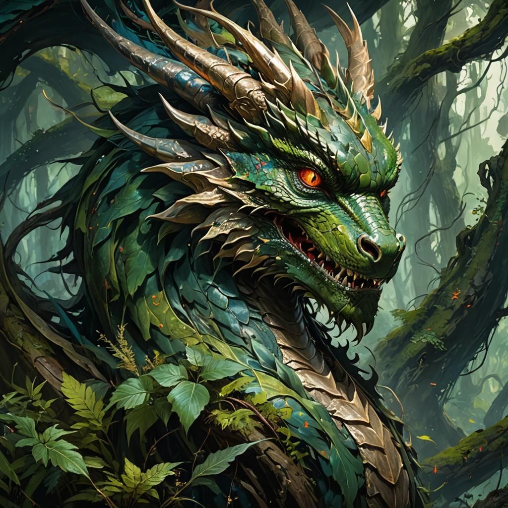 Mysterious Dragon Portrait in Swirling Forest