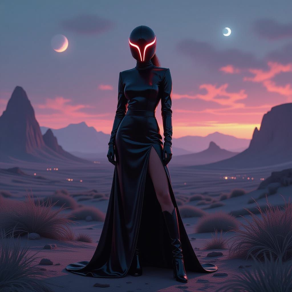 Woman in Black Spacesuit in Dark Futuristic Landscape