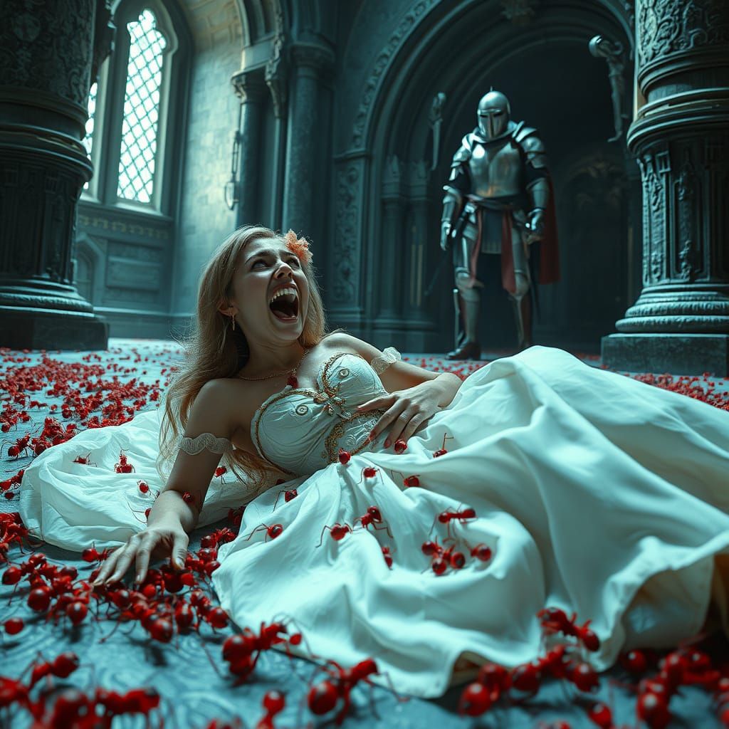 Princess Overwhelmed by Red Ants in Castle Room