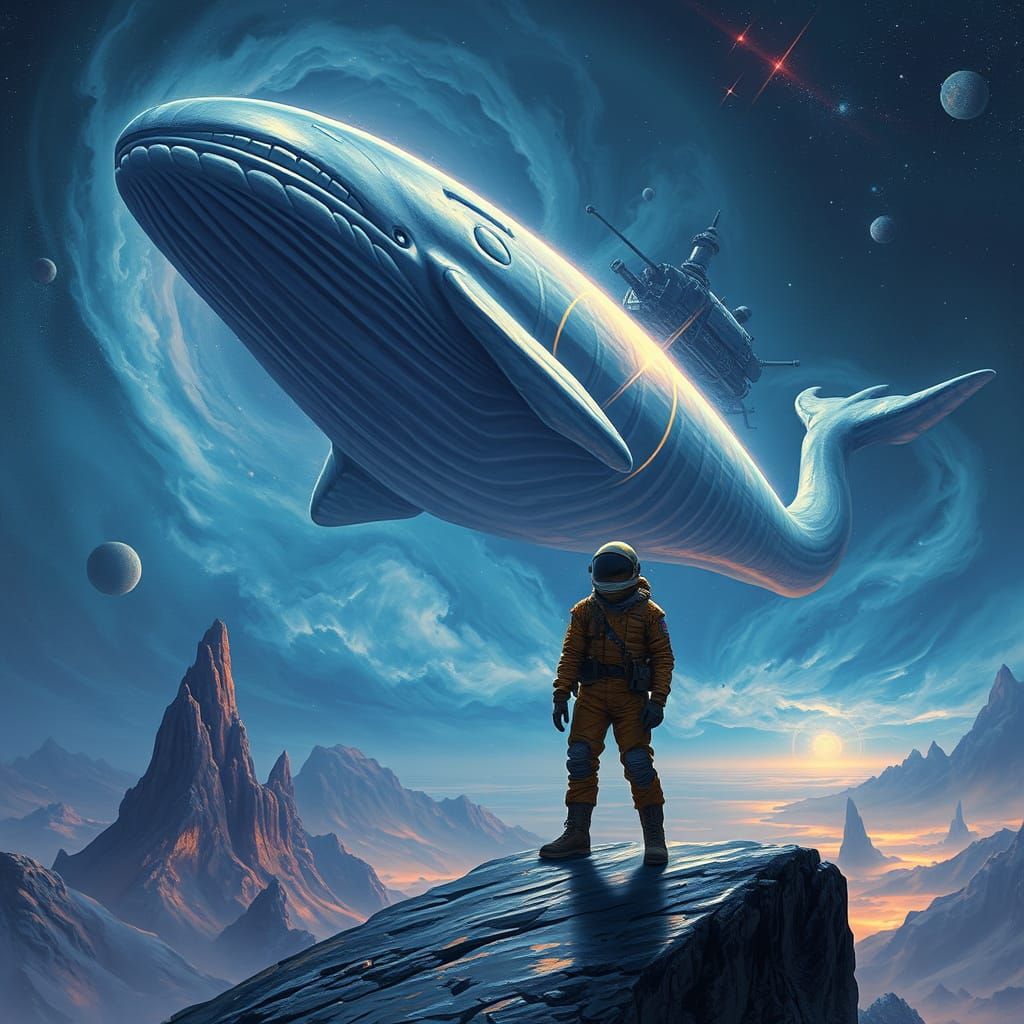 Explorer and Bioluminescent Space Whale in Surreal Style