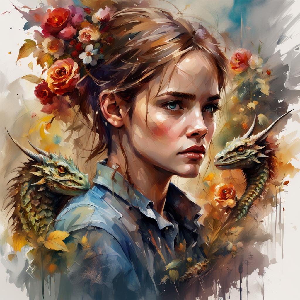 Emma Watson with Dragon, Watercolour Fantasy Art