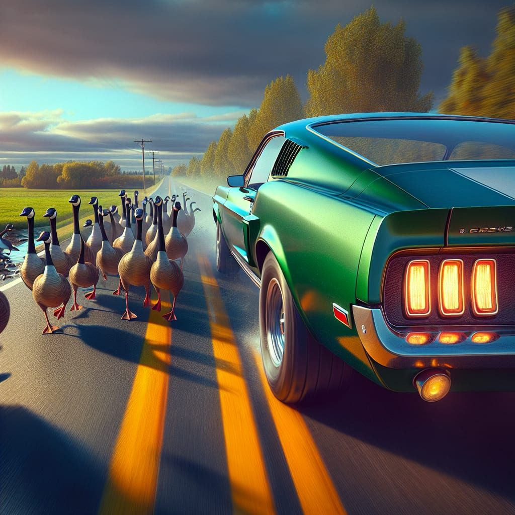 Green Mustang Swerves to Avoid Geese on Road