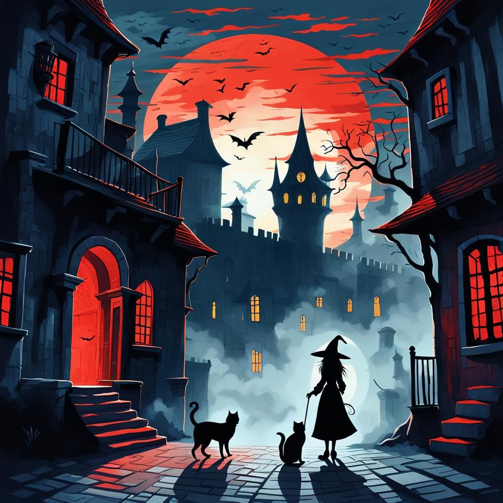 Gouache Illustration of a Witch and Cat in a Moonlit City