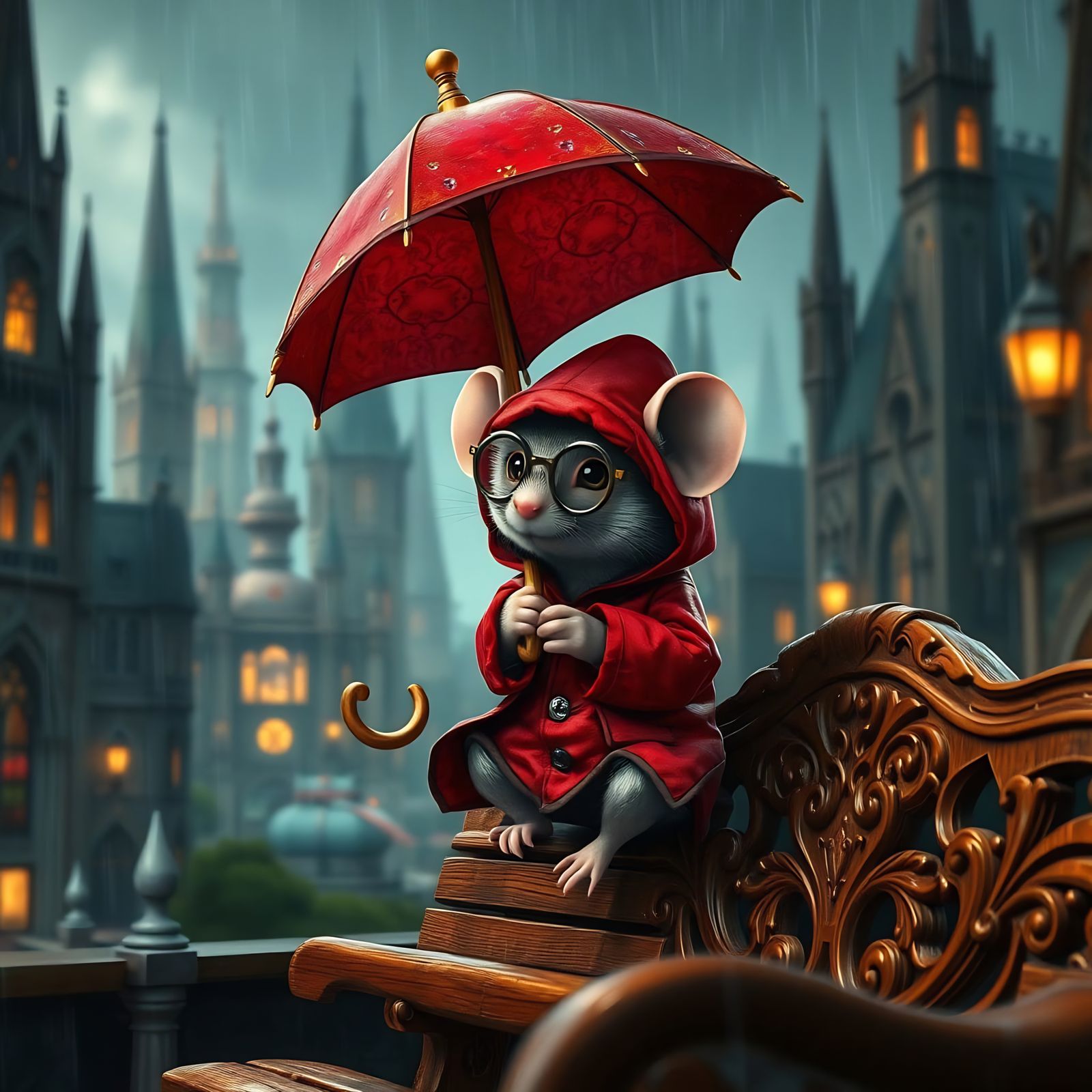 Fantastical Mouse City in Rainy Weather, Detailed Matte Pain...