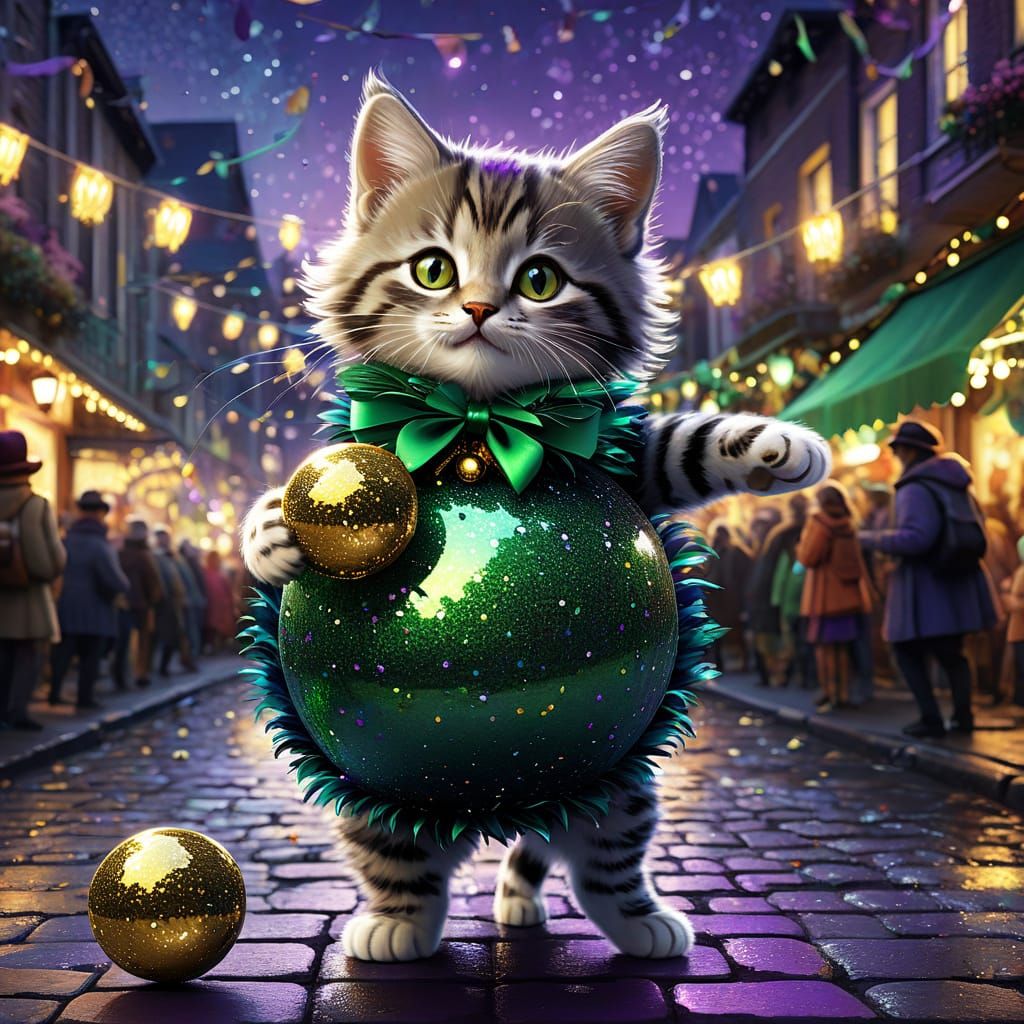 Vibrant Mardi Gras Kitten in Whimsical Illustration