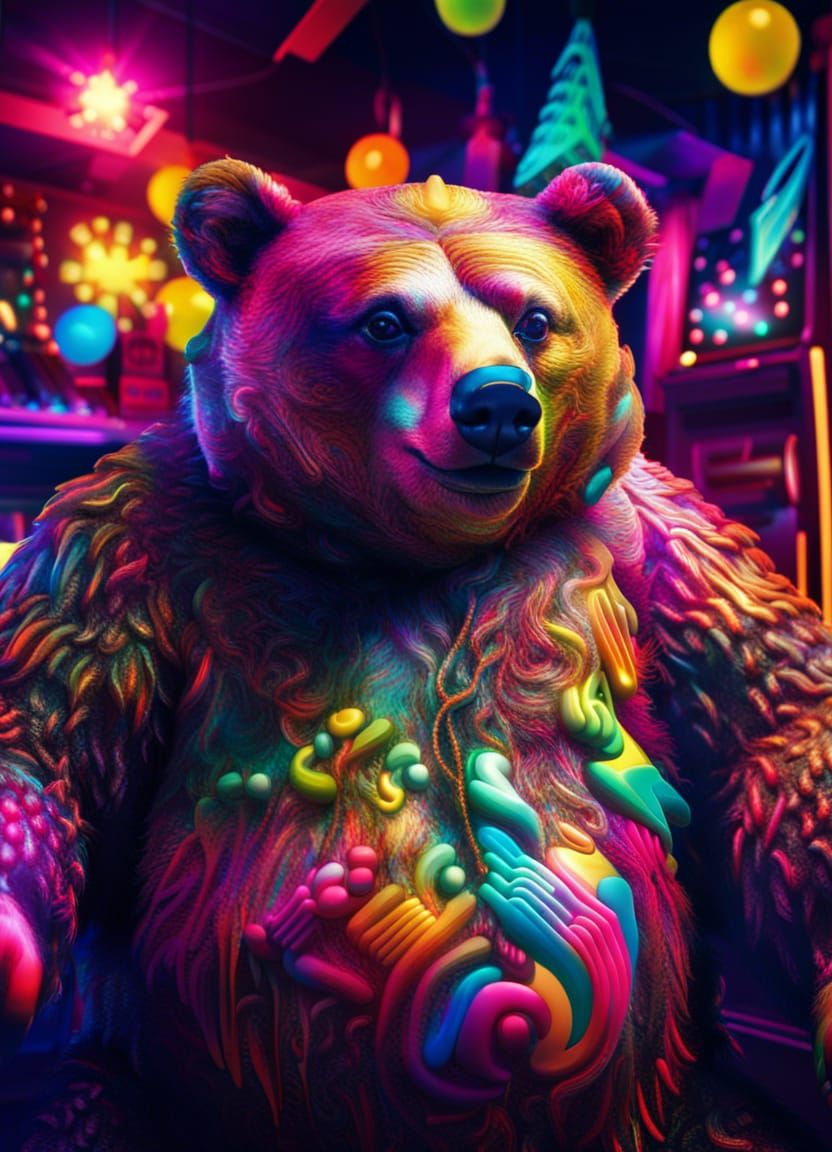 Psychedelic Party Bear Portrait in 80's Style