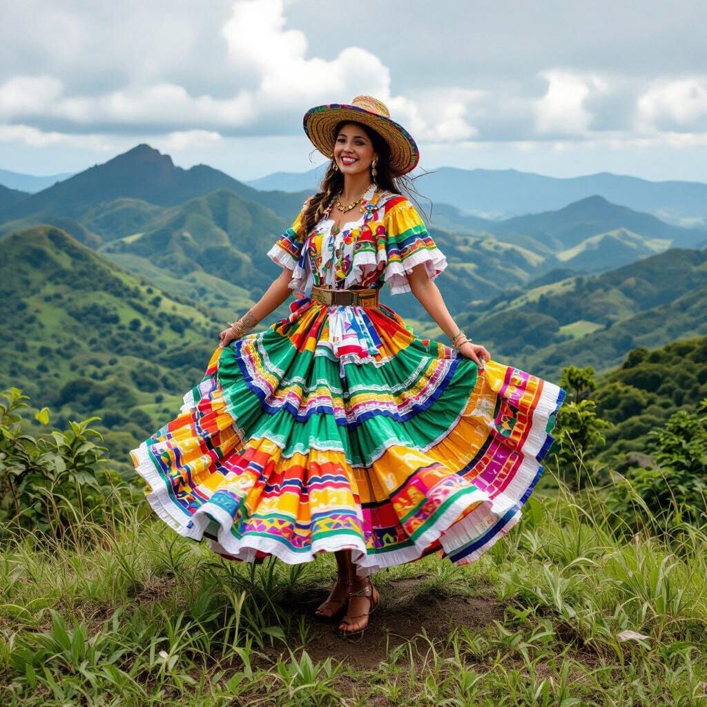 Vibrant Samba Dancer Atop Lush Green Mountain
