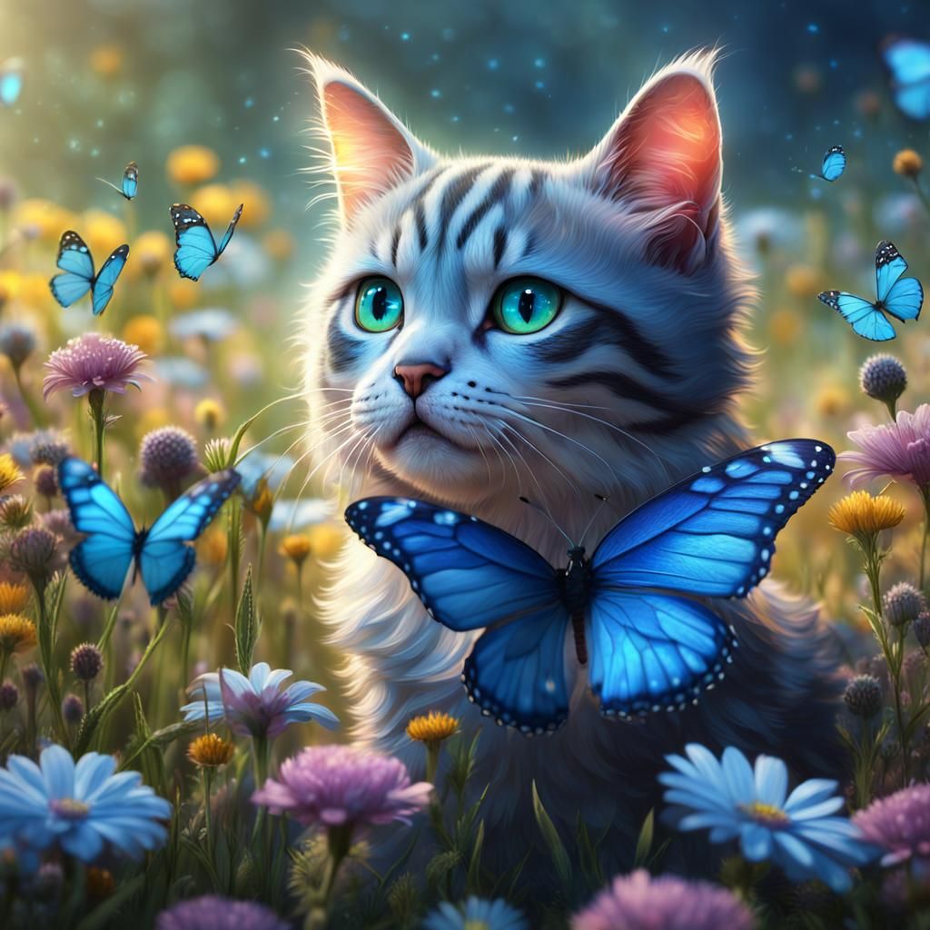 Winged Cat in Flower Meadow: Fantasy Concept Art