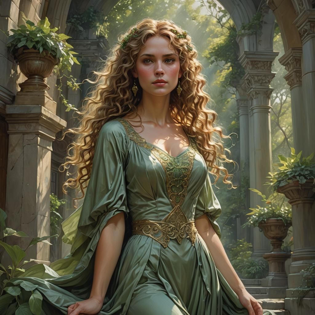 Goddess Helga in Sage Green Gown, Hyperrealistic Portrait