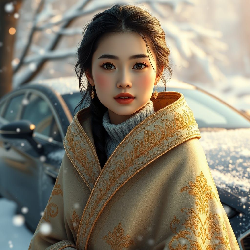 A young Brigitte Lin Lookalike Woman in front her car at the...