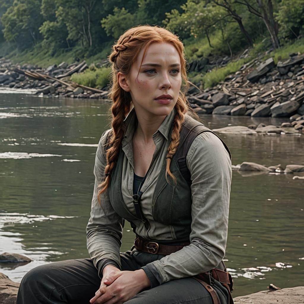 Natasha Romanov Lookalike on Peaceful Riverbank