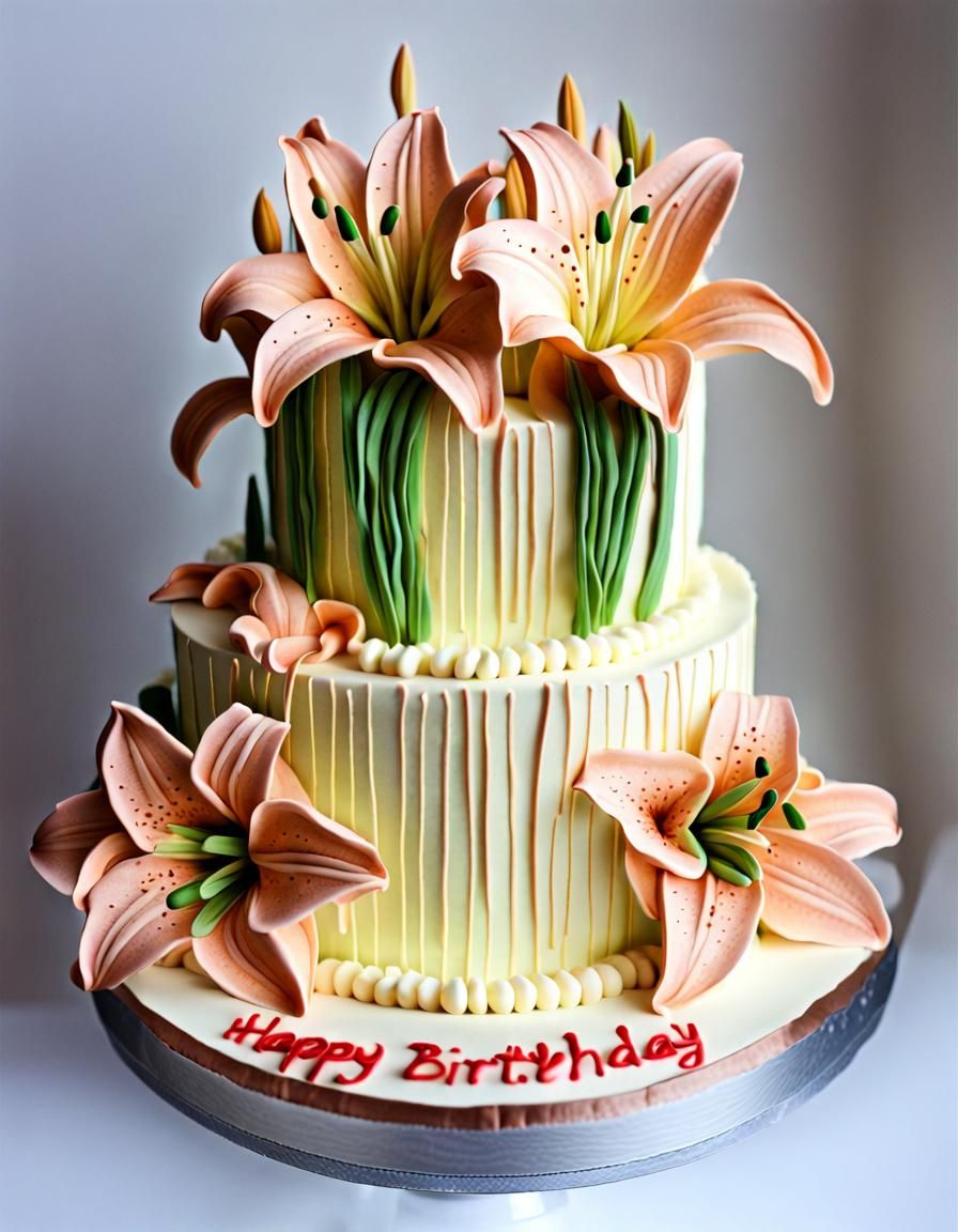 3D Buttercream Birthday Cake with Lilies