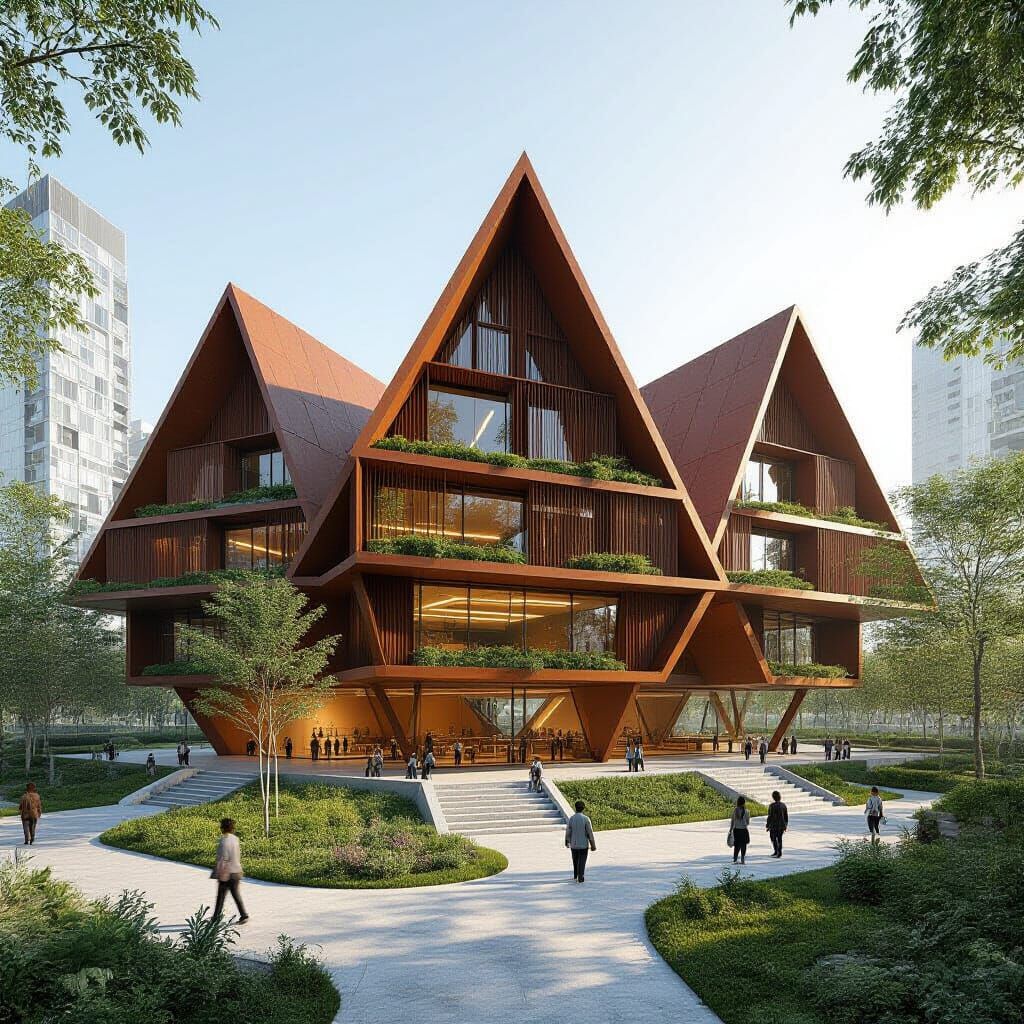 Futuristic 3D School Design with Rusty Metal and Green Facad...