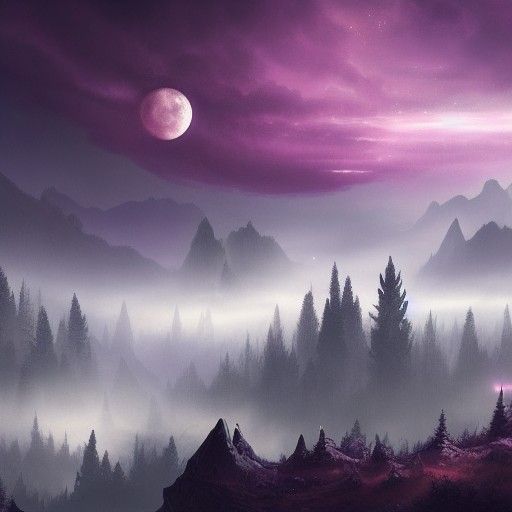 Purple Moon Over Misty Forest Valley