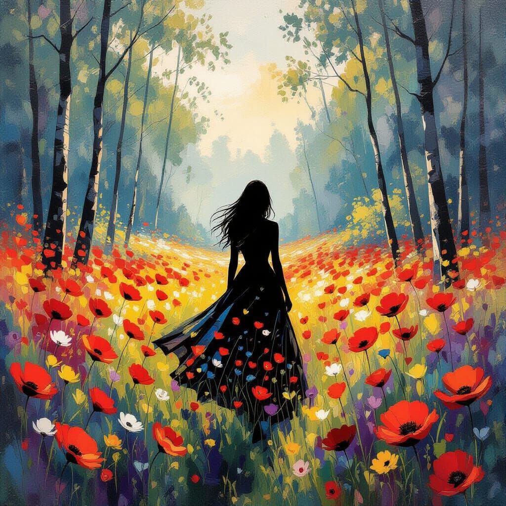 Abstract Poppy Field with Distant Lady Silhouette