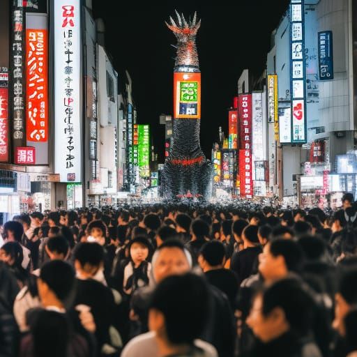 Godzilla chases people down Takeshita-dori Street
