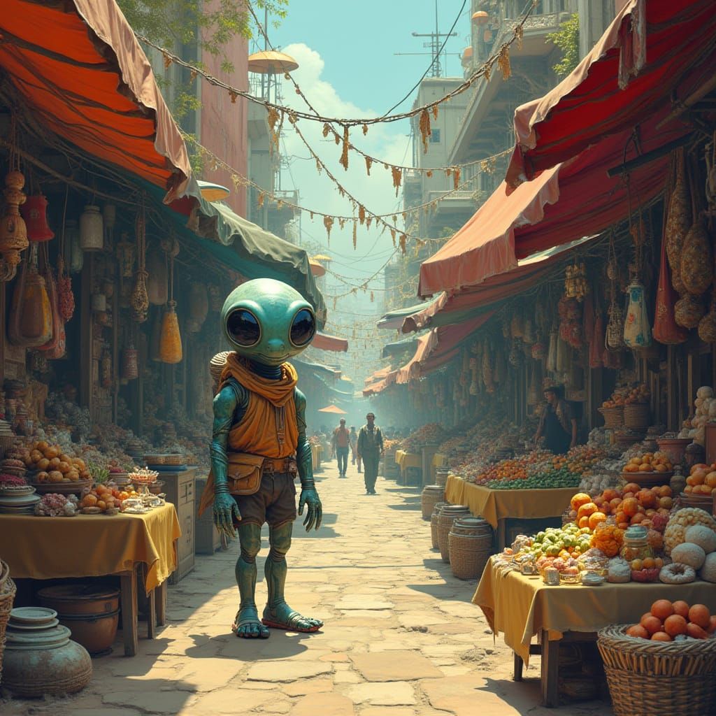 Alien in a Bustling Sci-Fi Market